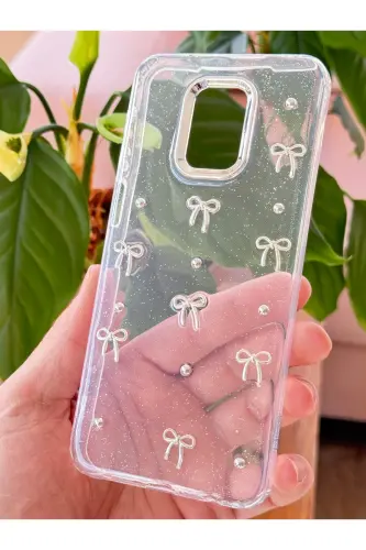 Redmi Note 9 Pro/9S Kılıf Fiyonk Desenli Şeffaf Simli Gümüş Kamera Çıkıntılı Parlak Kapak - Lensli Fiyonk - 4