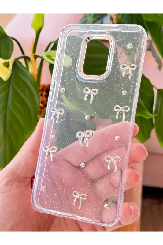 Redmi Note 9 Pro/9S Kılıf Fiyonk Desenli Şeffaf Simli Gümüş Kamera Çıkıntılı Parlak Kapak - Lensli Fiyonk - 4