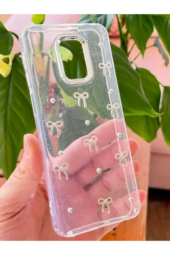 Redmi Note 9 Pro/9S Kılıf Fiyonk Desenli Şeffaf Simli Gümüş Kamera Çıkıntılı Parlak Kapak - Lensli Fiyonk - 5