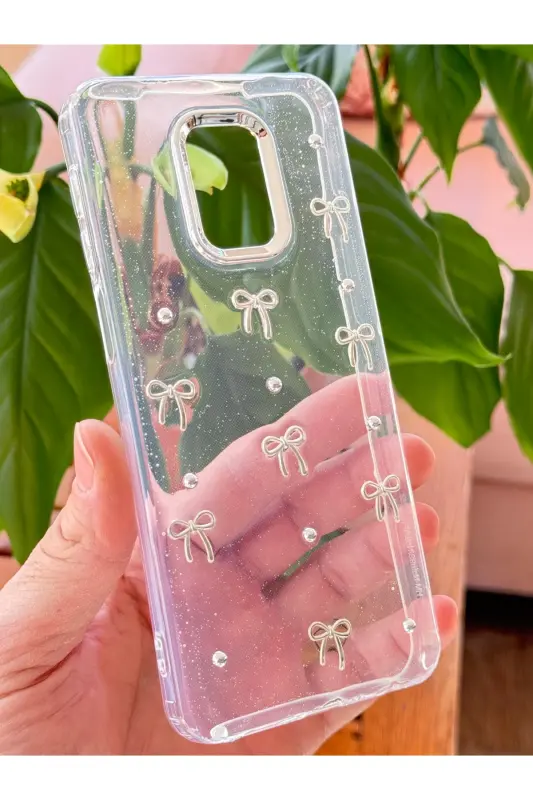 Redmi Note 9 Pro/9S Kılıf Fiyonk Desenli Şeffaf Simli Gümüş Kamera Çıkıntılı Parlak Kapak - Lensli Fiyonk - 5
