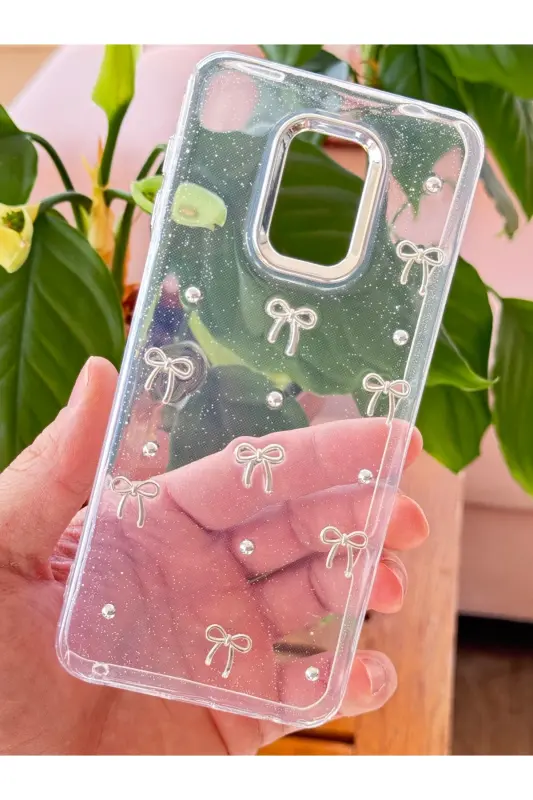 Redmi Note 9 Pro/9S Kılıf Fiyonk Desenli Şeffaf Simli Gümüş Kamera Çıkıntılı Parlak Kapak-Lensli Fiyonk - 1