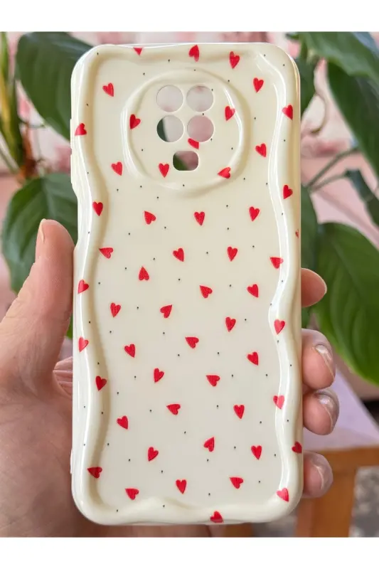 Redmi Note 9 Pro/9S Kılıf Kamera Korumalı Dalga Kenarlı Kırmızı Kalp Desenli Silikon Kapak-Cici Kırmızı - 3