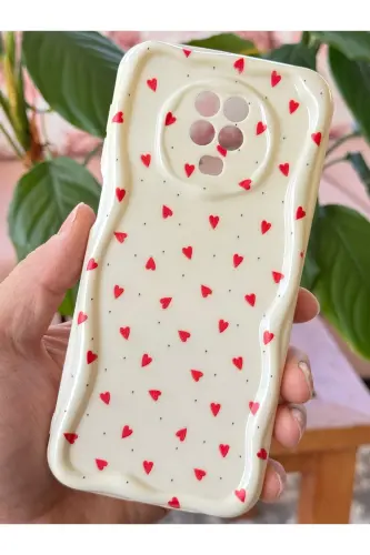 Redmi Note 9 Pro/9S Kılıf Kamera Korumalı Dalga Kenarlı Kırmızı Kalp Desenli Silikon Kapak-Cici Kırmızı - 2