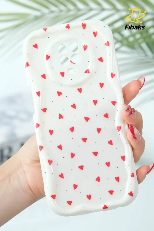 Redmi Note 9 Pro/9S Kılıf Kamera Korumalı Dalga Kenarlı Kırmızı Kalp Desenli Silikon Kapak - Cici Kırmızı - 9