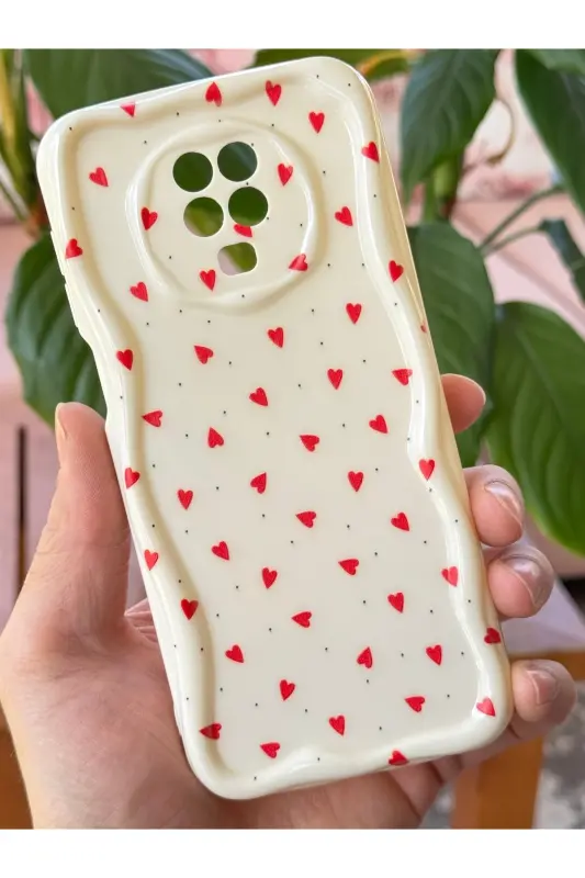 Redmi Note 9 Pro/9S Kılıf Kamera Korumalı Dalga Kenarlı Kırmızı Kalp Desenli Silikon Kapak - Cici Kırmızı - 12