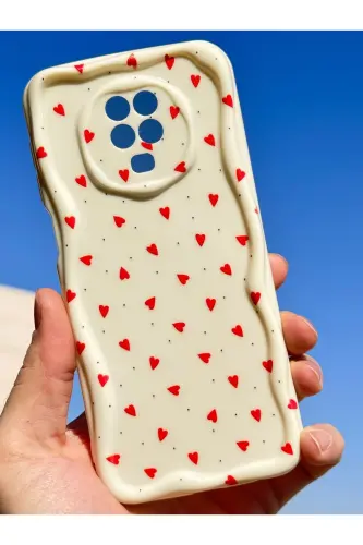 Redmi Note 9 Pro/9S Kılıf Kamera Korumalı Dalga Kenarlı Kırmızı Kalp Desenli Silikon Kapak - Cici Kırmızı - 15