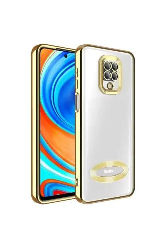 Redmi Note 9 Pro/9S Kılıf Kamera Lens Korumalı Şeffaf Renkli Logo Gösteren Parlak Kapak Gold-Mirage Gold 