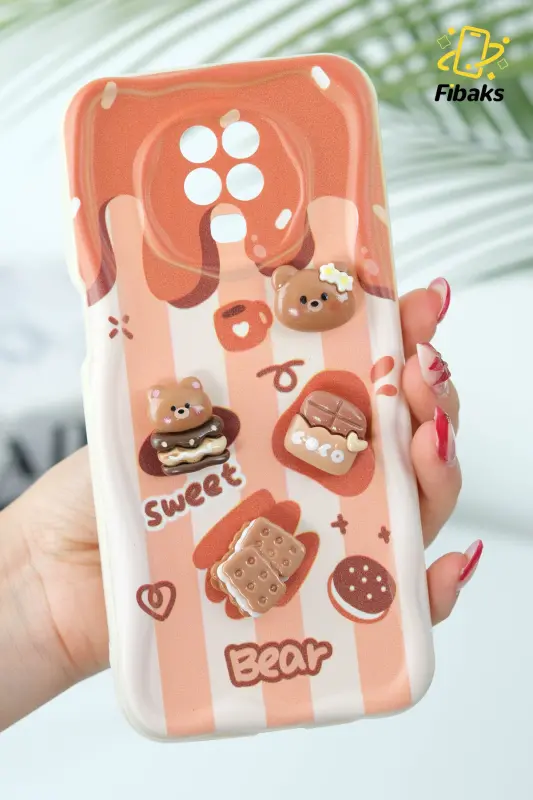 Redmi Note 9 Pro/9S Kılıf Tasarımlı Desenli Kamera Korumalı Ayıcık Bisküvi Renkli Cofffe Silikon-Cici Bisküvi - FIBAKS