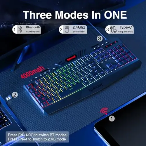 Redragon K503 Wireless Gaming Keyboard, 3-Mode (2.4G/BT/USB), RGB LED Backlit, Multimedia Keys, Fully Programmable Silent Membrane Keyboard with Wrist Rest for Windows PC Games (Black) - 3