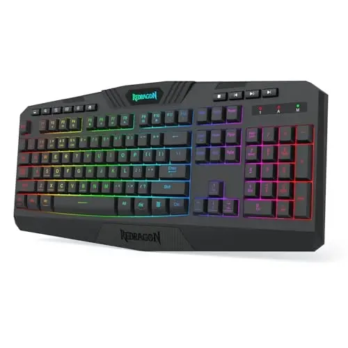 Redragon K503 simsiz oʻyin klaviaturasi, RGB LED yoritgichi, multimedia tugmalari, Windows kompyuter oʻyinlari uchun bilak suyanchigʻi bilan jim membranali klaviatura (qora) - Redragon