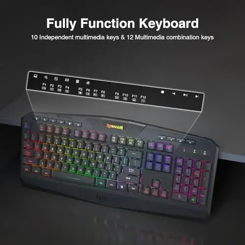 Redragon K503 simsiz oʻyin klaviaturasi, RGB LED yoritgichi, multimedia tugmalari, Windows kompyuter oʻyinlari uchun bilak suyanchigʻi bilan jim membranali klaviatura (qora) - 6