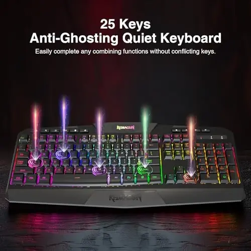 Redragon K503 simsiz oʻyin klaviaturasi, RGB LED yoritgichi, multimedia tugmalari, Windows kompyuter oʻyinlari uchun bilak suyanchigʻi bilan jim membranali klaviatura (qora) - 7