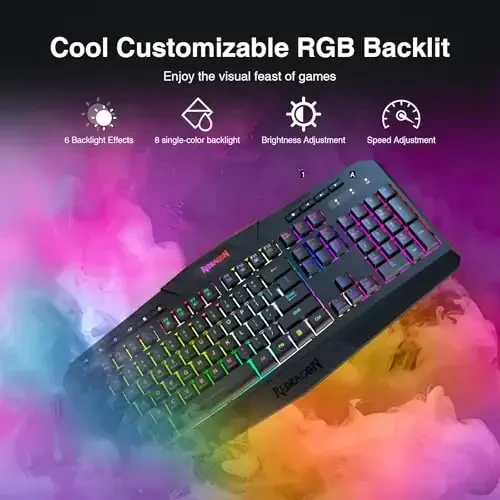 Redragon K503 simsiz oʻyin klaviaturasi, RGB LED yoritgichi, multimedia tugmalari, Windows kompyuter oʻyinlari uchun bilak suyanchigʻi bilan jim membranali klaviatura (qora) - 5