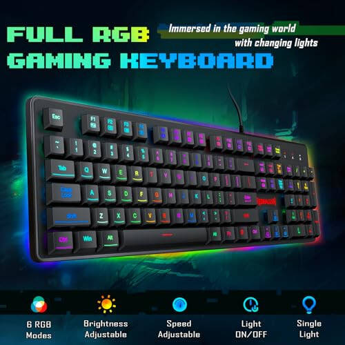 Redragon K509 RGB Arkalı Aydınlatmalı Oyun Klavyesi, 104 Tuşlu Kablolu Mekanik Hisli Düşük Profil Sessiz Klavye, Sıvıya Dayanıklı, Hayalet Etkisine Karşı, Windows, macOS, PS4/5, Xbox ile Uyumludur. Siyah - 2