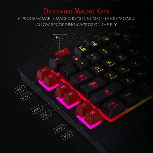Redragon K512 Shiva RGB Backlit Membrane Gaming Keyboard with Multimedia Keys, Linear Mechanical-Feel Switch, 6 Extra On-Board Macro Keys, Dedicated Media Control, Detachable Wrist Rest - 2