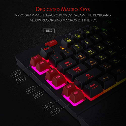 Redragon K512 Shiva RGB Backlit Membrane Gaming Keyboard with Multimedia Keys, Linear Mechanical-Feel Switch, 6 Extra On-Board Macro Keys, Dedicated Media Control, Detachable Wrist Rest - 2