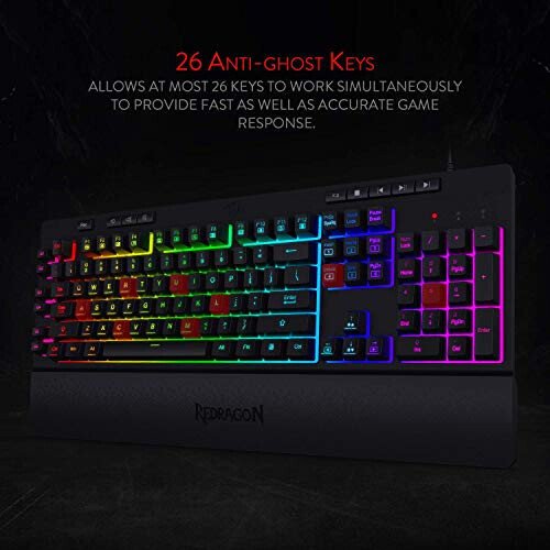 Redragon K512 Shiva RGB Backlit Membrane Gaming Keyboard with Multimedia Keys, Linear Mechanical-Feel Switch, 6 Extra On-Board Macro Keys, Dedicated Media Control, Detachable Wrist Rest - 6