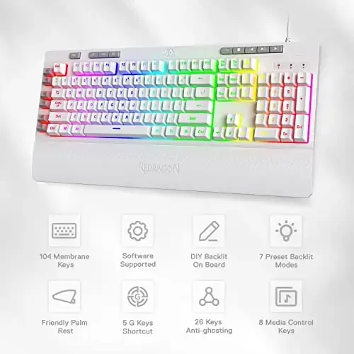 Redragon K512 Shiva RGB Backlit Membrane Gaming Keyboard with Multimedia Keys, Linear Mechanical-Feel Switch, 6 Extra On-Board Macro Keys, Dedicated Media Control, Detachable Wrist Rest, White - REDRAGON (1)