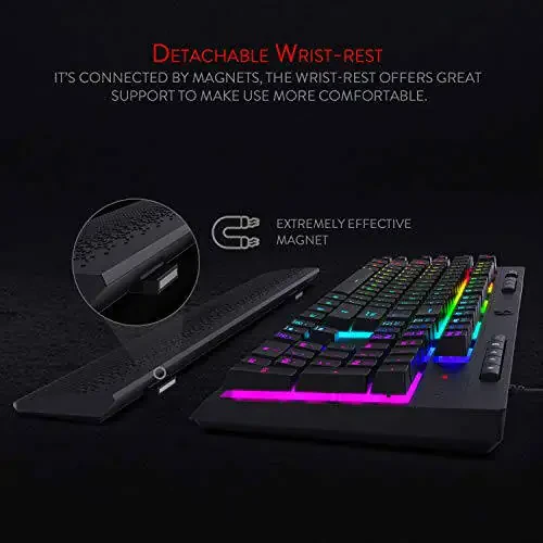 Redragon K512 Shiva RGB Backlit Membrane Gaming Keyboard with Multimedia Keys, Linear Mechanical-Feel Switch, 6 Extra On-Board Macro Keys, Dedicated Media Control, Detachable Wrist Rest - 4