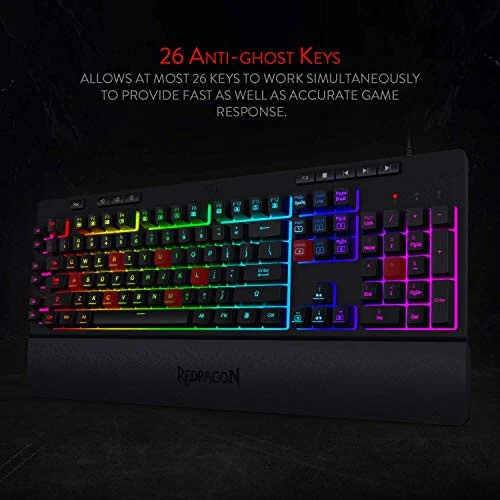 Redragon K512 Shiva RGB Backlit Membrane Gaming Keyboard with Multimedia Keys, Linear Mechanical-Feel Switch, 6 Extra On-Board Macro Keys, Dedicated Media Control, Detachable Wrist Rest - 6
