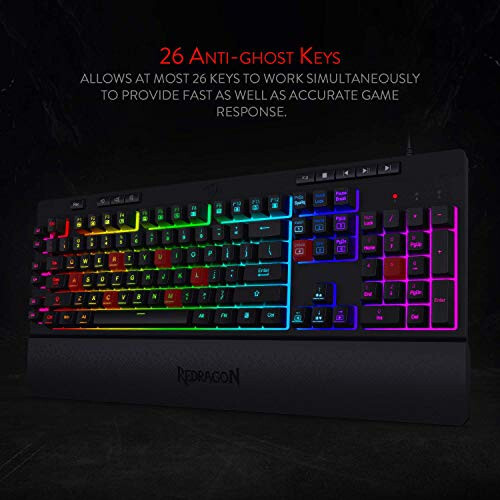 Redragon K512 Shiva RGB Backlit Membrane Gaming Keyboard with Multimedia Keys, Linear Mechanical-Feel Switch, 6 Extra On-Board Macro Keys, Dedicated Media Control, Detachable Wrist Rest - 12