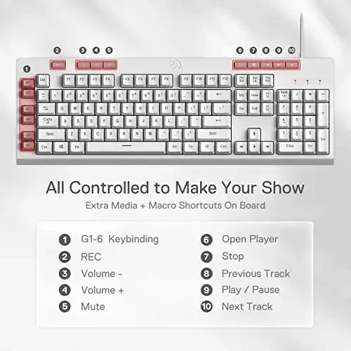 Redragon K512 Shiva RGB Backlit Membrane Gaming Keyboard with Multimedia Keys, Linear Mechanical-Feel Switch, 6 Extra On-Board Macro Keys, Dedicated Media Control, Detachable Wrist Rest, White - 3
