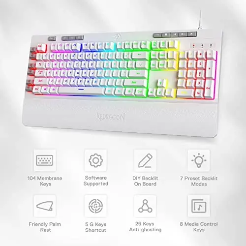 Redragon K512 Shiva RGB yoritilgan membrana oʻyin klaviaturasi, multimedia tugmachalari, chiziqli mexanik hisli kalit, 6 ta qoʻshimcha bort makro tugmachalari, maxsus media boshqaruvi, olinadigan bilak suyanchi, oq - 2