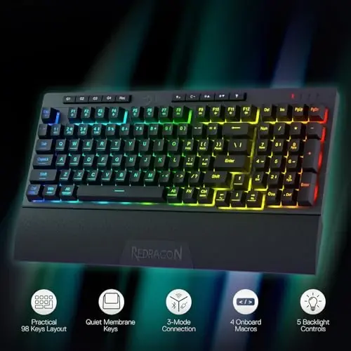 Redragon K515 PRO Shiva RGB Wireless Membrane Gaming Keyboard, 98 Keys Mechanical-Feel Keyboard w/Smooth Linear Switch, On-Board Macro & Multimedia Keys, Detachable Wrist Rest, Software Supported - 2