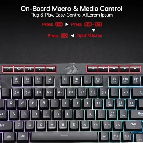 Redragon K515 Shiva Wired RGB Membrane Gaming Keyboard, 98 Keys Mechanical-Feel Keyboard w/Smooth Linear Switch, On-Board Macro & Dedicated Multimedia Keys, Detachable Wrist Rest, Software Supported - 3
