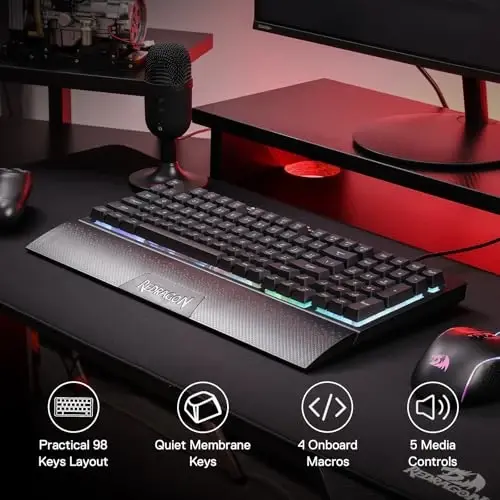 Redragon K515 Shiva Wired RGB Membrane Gaming Keyboard, 98 Keys Mechanical-Feel Keyboard w/Smooth Linear Switch, On-Board Macro & Dedicated Multimedia Keys, Detachable Wrist Rest, Software Supported - 2