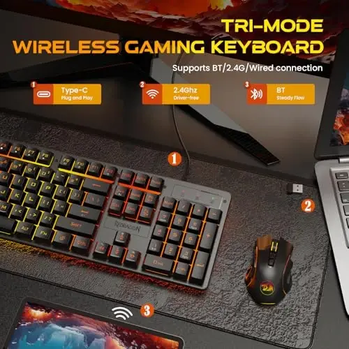 Redragon K521KS Беспроводная игровая клавиатура, Tri-Mode BT/2.4G/USB-C RGB Механическая клавиатура с мультимедийными клавишами, батарея 4000 мАч, Anti-Ghosting, совместима с ПК - Обновление - 2