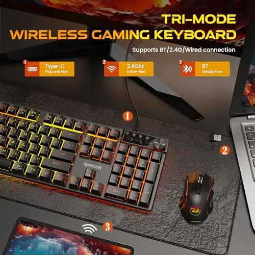 Redragon K521WL Wireless Gaming Keyboard with Knob, Tri-Mode BT/2.4G/USB-C RGB Mechanical Feeling Keyboard with Multimedia Keys, 4000mAh Battery, Anti-Ghosting, Compatible with PC - Upgrade - 3
