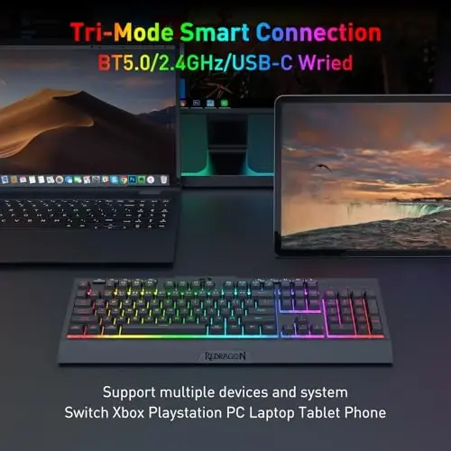 Redragon K525 PRO RGB 3-rejimli simsiz membrana oʻyin klaviaturasi, multimedia tugmachalari, chiziqli mexanik tuygʻu kaliti, 4 ta qoʻshimcha bort makro tugmachalari, maxsus media boshqaruvi, ergonomik bilak tayanchi - 2