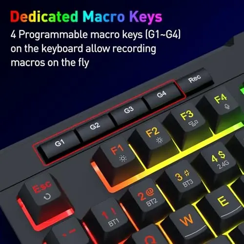 Redragon K525 PRO RGB 3-rejimli simsiz membrana oʻyin klaviaturasi, multimedia tugmachalari, chiziqli mexanik tuygʻu kaliti, 4 ta qoʻshimcha bort makro tugmachalari, maxsus media boshqaruvi, ergonomik bilak tayanchi - 3