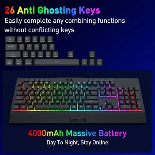 Redragon K525 PRO RGB 3-rejimli simsiz membrana oʻyin klaviaturasi, multimedia tugmachalari, chiziqli mexanik tuygʻu kaliti, 4 ta qoʻshimcha bort makro tugmachalari, maxsus media boshqaruvi, ergonomik bilak tayanchi - 5