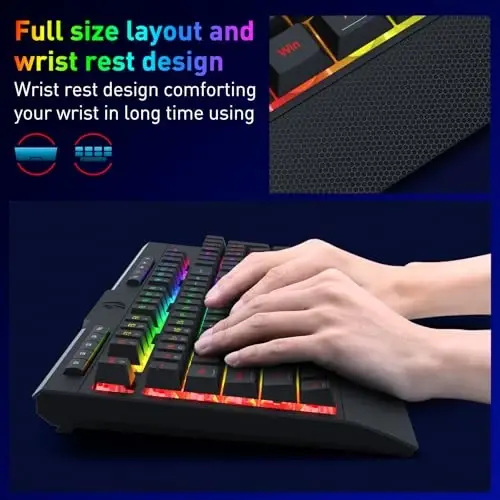 Redragon K525 PRO RGB 3-rejimli simsiz membrana oʻyin klaviaturasi, multimedia tugmachalari, chiziqli mexanik tuygʻu kaliti, 4 ta qoʻshimcha bort makro tugmachalari, maxsus media boshqaruvi, ergonomik bilak tayanchi - 6