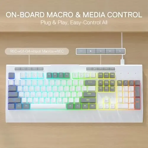 Redragon K525 RGB Backlit 104 Keys Wired Membrane Gaming Keyboard w/ 5 Multimedia Keys & 4 Extra On-Board Macro Keys, Dedicated Media Control, Ergonomic Wrist Rest, Linear Mechanical-Feel Switch - 3
