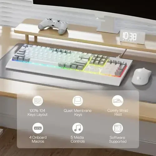 Redragon K525 RGB Backlit 104 Keys Wired Membrane Gaming Keyboard w/ 5 Multimedia Keys & 4 Extra On-Board Macro Keys, Dedicated Media Control, Ergonomic Wrist Rest, Linear Mechanical-Feel Switch - REDRAGON (1)