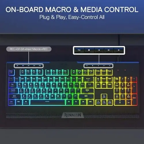 Redragon K525 RGB Backlit 104 Keys Wired Membrane Gaming Keyboard w/ 5 Multimedia Keys & 4 Extra On-Board Macro Keys, Dedicated Media Control, Ergonomic Wrist Rest, Linear Mechanical-Feel Switch - 3