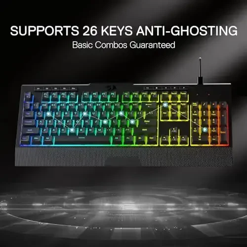Redragon K525 RGB Backlit 104 Keys Wired Membrane Gaming Keyboard w/ 5 Multimedia Keys & 4 Extra On-Board Macro Keys, Dedicated Media Control, Ergonomic Wrist Rest, Linear Mechanical-Feel Switch - 6