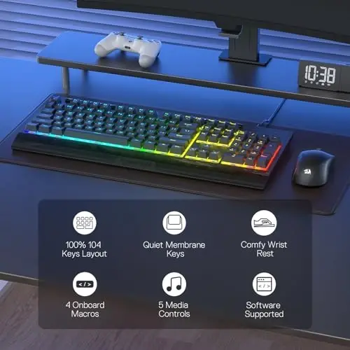 Redragon K525 RGB yoritilgan 104 tugmali simli membrana oʻyin klaviaturasi, 5 ta multimedia tugmasi va 4 ta qoʻshimcha bort makro tugmasi, maxsus media boshqaruvi, ergonomik bilak suyanchi, chiziqli mexanik hisli kalit - 2