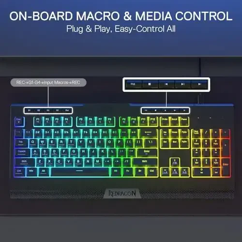 Redragon K525 RGB yoritilgan 104 tugmali simli membrana oʻyin klaviaturasi, 5 ta multimedia tugmasi va 4 ta qoʻshimcha bort makro tugmasi, maxsus media boshqaruvi, ergonomik bilak suyanchi, chiziqli mexanik hisli kalit - 3