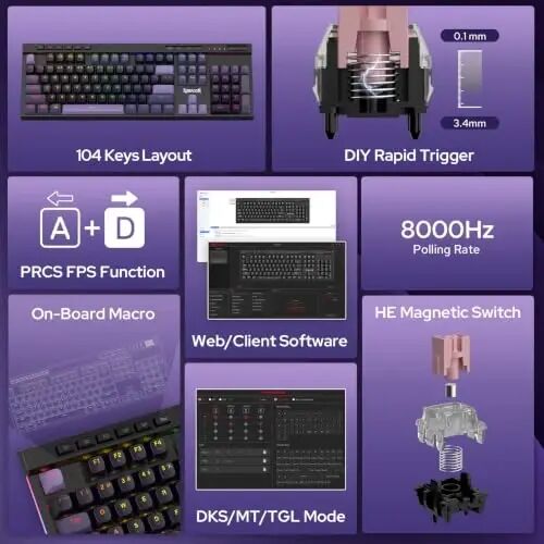 Redragon K580 Wired RGB Hall-Effect Magnetic Gaming Keyboard, Media Wheel | 0.1mm Adjustable Actuation for Valorant & FPS Stop-Shoot Precision, Zero Input Delay, 8K Polling, Fast Onboard Combo G Keys - Redragon (1)
