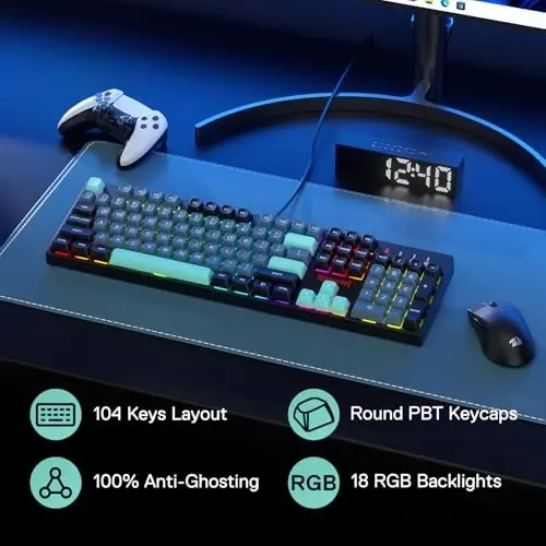 Redragon K582 SE simli RGB oʻyin klaviaturasi, 104 ta tugmali mexanik klaviatura, aralash rangli yumaloq PBT tugmachalari, dinamik 16,8M RGB yoritgichi va chiziqli qizil kaliti, qayta aniqlash dasturi qoʻllab-quvvatlanadi - 2