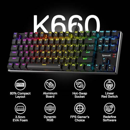 Redragon K660 (K556 TKL) RGB Kablolu Oyun Klavyesi, %80 87 Tuş Mekanik Klavye Alüminyum Tabanlı, Yükseltilmiş Sıcak Takma Soket ve Gürültü Emici Köpükler, Sessiz Doğrusal Kırmızı Anahtar - 2