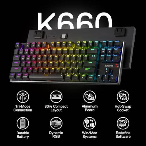 Redragon K660RGB-PRO (K556 TKL) Kablosuz Oyun Klavyesi, %80 87 Tuş BT/2.4Ghz Üç Modlu Alüminyum Mekanik Klavye, Mac İşlev Tuşları, Sıcak Değişim Yuvaları ve Gürültü Emici Form, Kırmızı Anahtar - 2