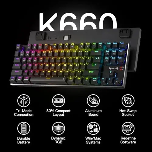 Redragon K660RGB-PRO (K556 TKL) Wireless Gaming Keyboard, 80% 87 Keys BT/2.4Ghz Tri-Mode Aluminum Mechanical Keyboard w/Mac Function Keys, Hot-Swap Sockets & Noise Absorbing Form, Red Switch - 3