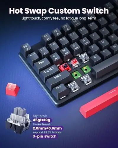 Redragon K671KS Simsiz Mexanik Oʻyin Klaviatura, Tri Mode BT/2.4G/USB-C Hot Swappable Maxsus Klaviatura, RGB Orqa Yorugʻlik Kompyuter Oʻyin Klaviaturalari, PBT Kalpaklar, PC/Planshet/MAC uchun Dasturlanadigan - 3
