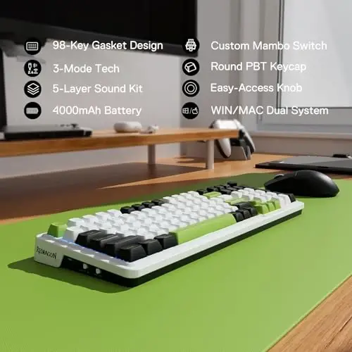 Redragon K686 PRO 98 Keys Wireless Gasket RGB Gaming Keyboard, 3-Mode PBT Mechanical Keyboard w/Hot-Swap Socket, Dedicated Knob Control & 5-Layer Noise Dampening, Custom Linear Switch - 6