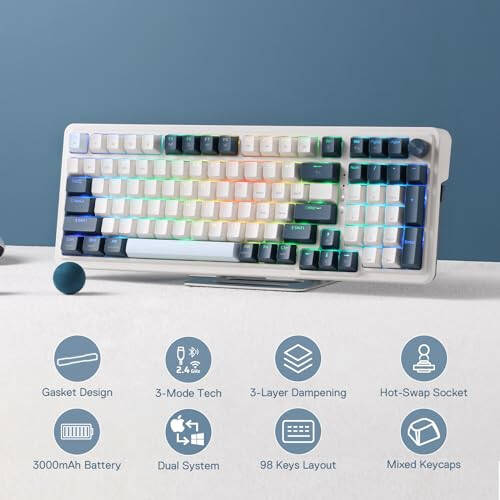 Redragon K686 PRO 98 Keys Wireless Gasket RGB Gaming Keyboard, 3-Mode Win/Mac Mechanical Keyboard w/5-Layer Noise Dampening, Dedicated Knob Control & Hot-Swap in Linear Red Switch, Blue Himmel Color - 2